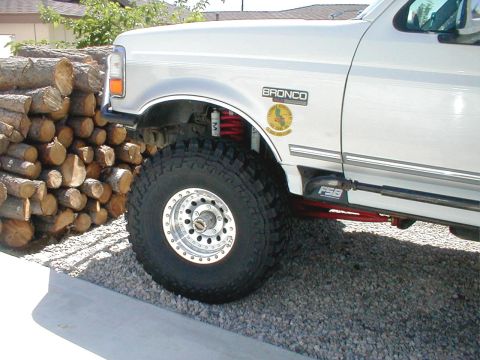 1996 Ford Bronco - A white Ford Bronco is shown from the side, large off-road tires and a stack of firewood nearby.