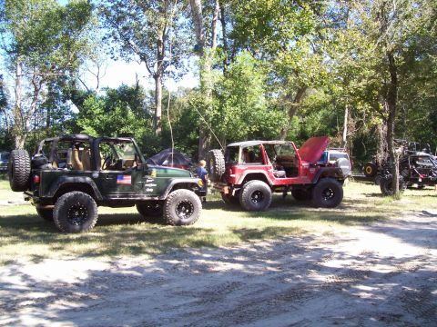 1992 Ford Bronco - Several Jeeps are parked in an outdoor setting with trees and foliage surrounding them.