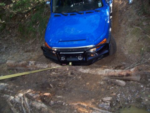 1992 Ford Bronco - This blue SUV is navigating a rough, wooded trail with logs on the ground.