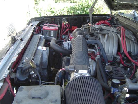 1989 Ford Bronco - Close-up view of a vehicle's engine bay, showing the intake manifold, battery, and radiator.