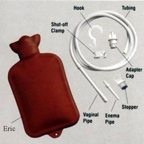 1987 Suzuki Samurai - This image shows an enema kit, including a red bag, tubing, and various pipes, with labels pointing to each component.
