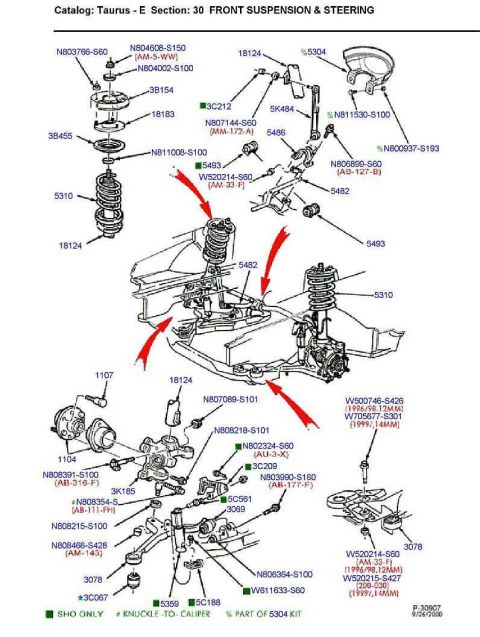 1997 Ford Taurus - This diagram details the front suspension and steering parts of a Taurus vehicle.