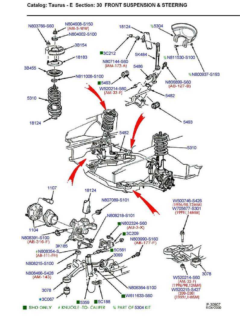 Front suspension and steering exploded parts catalog with part numbers and red routing arrows