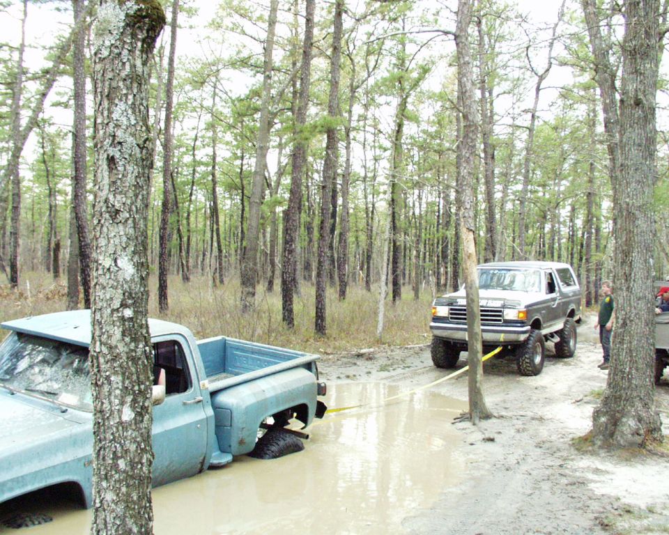 Gray 1987 Ford Bronco towing a blue pickup truck out of mud in a forest
