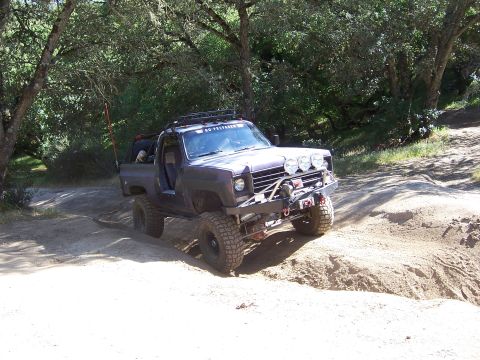 1991 Ford Bronco - This modified truck navigates a challenging dirt path surrounded by trees.