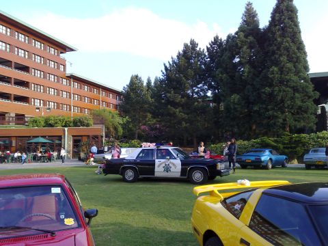 1991 Ford Crown Victoria - A 1991 Ford Crown Victoria police car is parked on a grassy lawn in front of a building, with other vehicles visible.