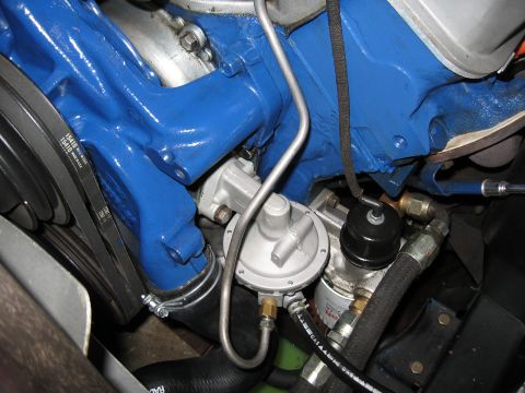 1968 Shelby GT500 - Engine fuel pump and filter assembly shown in detail, with blue painted parts and drive belts visible.