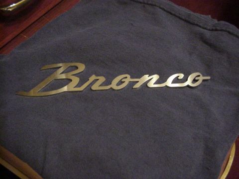 1993 Ford Bronco - A gold Bronco emblem is shown against a dark cloth background, with a hint of wood trim.