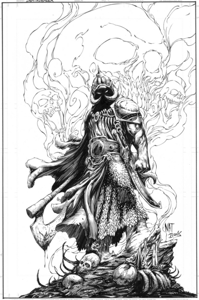 1991 Ford Bronco - This is a drawing of a fantasy warrior, possibly a death knight, surrounded by skulls and smoke.