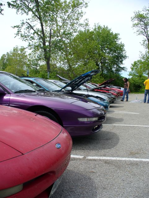 1991 Ford Probe - Several Ford Probes are parked in a lot, some with hoods up.