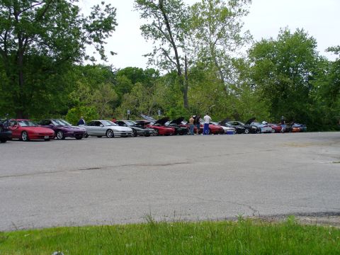 1991 Ford Probe - A gathering of 1991 Ford Probes are parked in a lot, with several owners interacting near their vehicles.