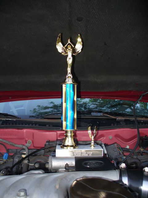 1991 Ford Probe - A trophy sits atop a car's engine, commemorating a stock class win at a car show.