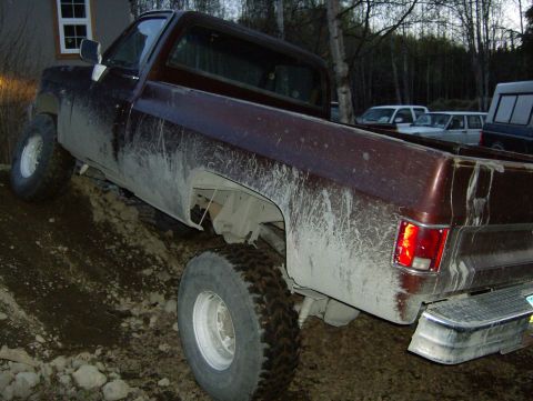 1982 Chevrolet C/K Pickup - Pickup truck covered in mud, parked on a dirt incline with trees and other vehicles in the background.
