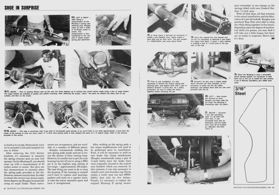 Mustang II rear axle swap steps with spring pad measuring, pinion angle setup and welding photos