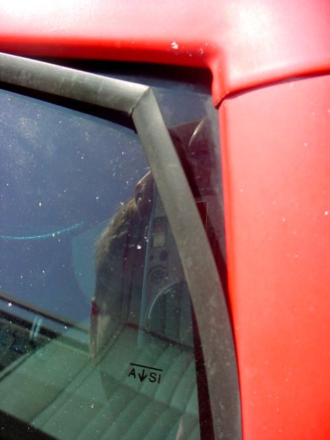 2000 Ford Taurus - Reflection of dashboard and person visible in the windshield of a red vehicle.