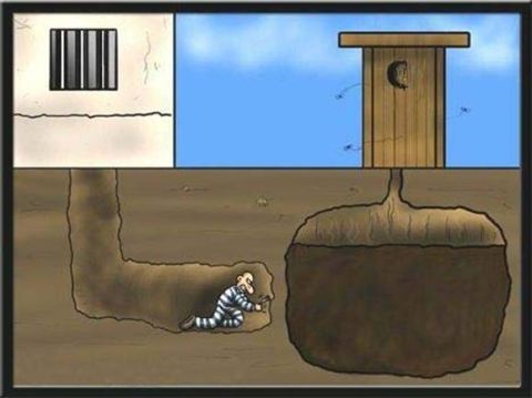 1968 Ford Mustang - A cartoon depicts a prisoner in striped uniform digging a tunnel from his jail cell, aiming for freedom under an outhouse.