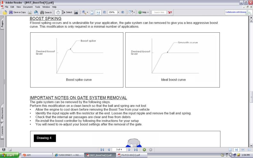 Document page with graphs titled 'Boost spike curve' and 'Ideal boost curve', and instructions for gate system removal