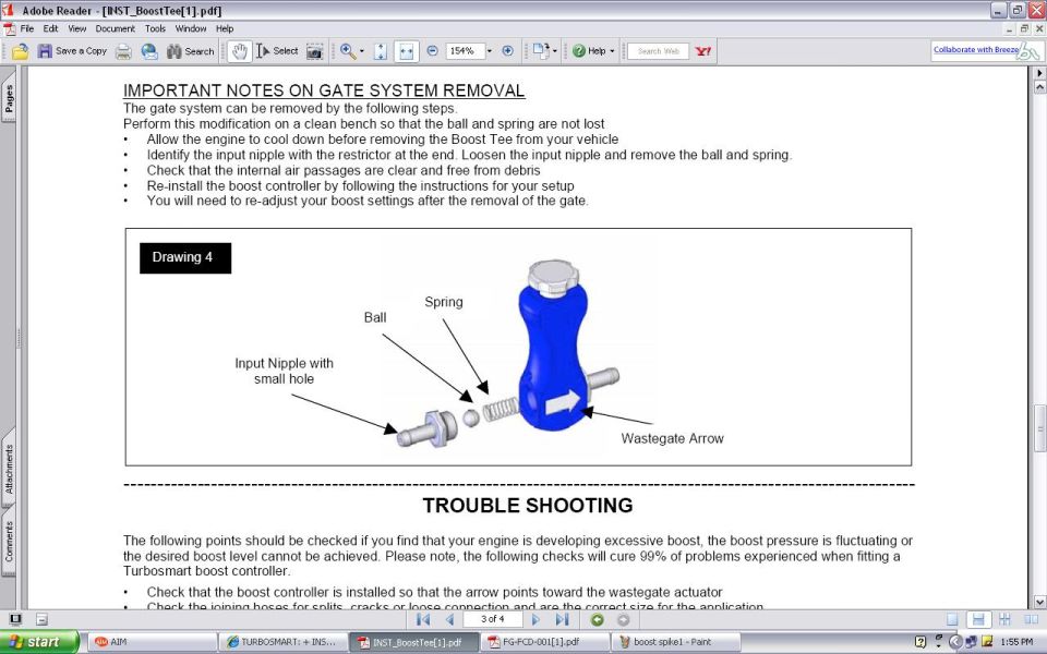 Service instructions for boost-tee gate removal with an exploded figure and troubleshooting