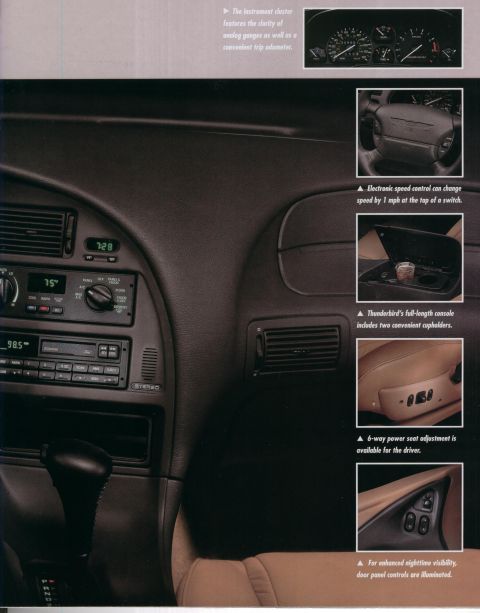 1995 Ford Thunderbird - Interior view of the 1995 Ford Thunderbird, highlighting the dashboard, center console, and power seat controls.