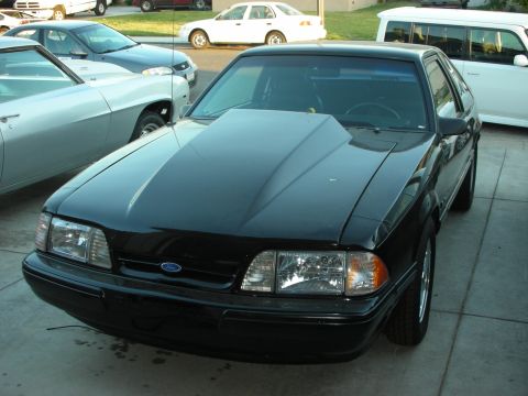 1998 Ford Crown Victoria - This black Ford Mustang features a prominent hood scoop and is parked in a driveway with other vehicles.