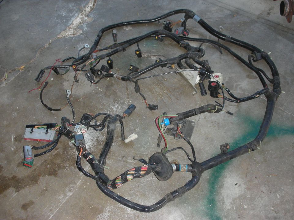 Car wiring harness laid out on concrete floor. Shows many wires, connectors, and a fuse box