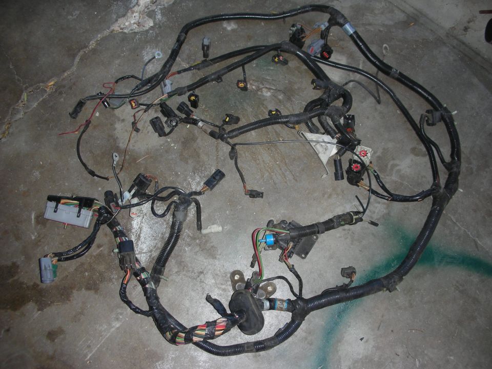 Engine wiring harness laid out on concrete floor