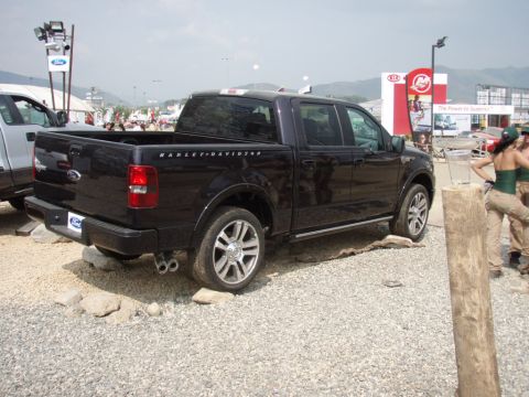 1995 Ford F-150 - A black Ford F-150 Harley-Davidson pickup truck is parked on a gravel lot with other vehicles and structures in the background.