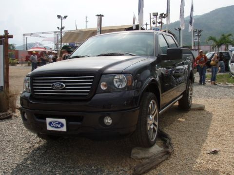 1995 Ford F-150 - This black Ford F-150 pickup truck is displayed outdoors with other vehicles and people in the background.