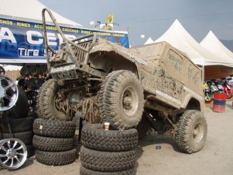 1995 Ford F-150 - An off-road vehicle, heavily coated in mud, is displayed on stacked tires.