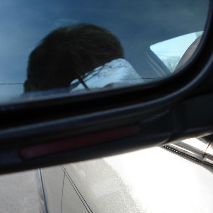 Black side mirror with integrated turn-signal repeater lens on a champagne car