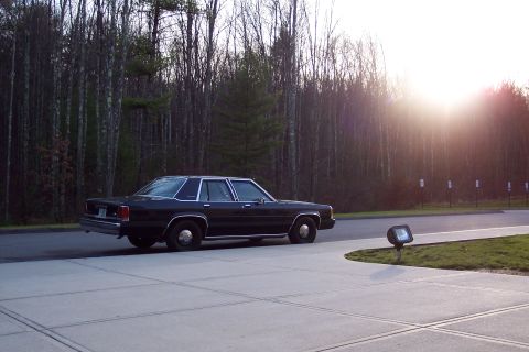 2001 Ford Crown Victoria - A dark-colored sedan is parked on a paved surface with a wooded area behind it and the sun setting.