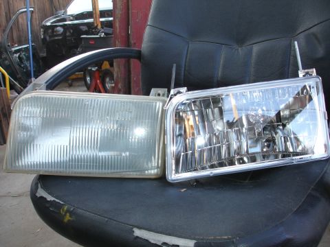 1992 Ford F-350 - A comparison of a used headlight with a new replacement headlight.