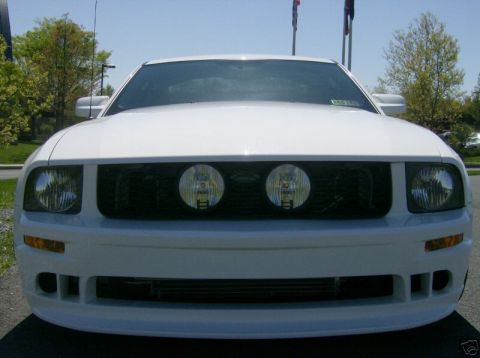 2007 Ford Mustang - Front view of a white Ford Mustang, showing its grille and headlights.