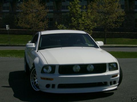 2007 Ford Mustang - Front view of a white Ford Mustang with a black grille and two round fog lights.