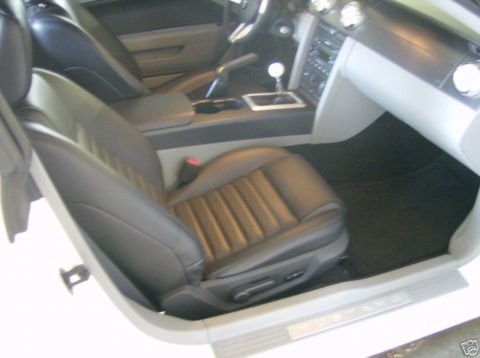 2007 Ford Mustang - Interior view of a 2007 Ford Mustang GT, black leather seats and a manual transmission.