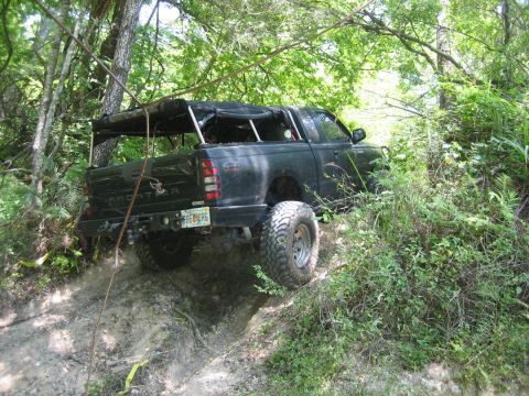 1989 Ford Bronco - A black pickup truck navigates a wooded trail with large off-road tires and a custom soft top canopy.