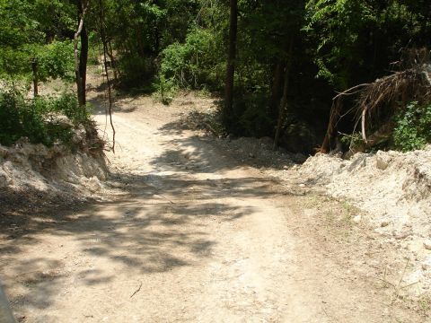1989 Ford Bronco - A dirt road cuts through a wooded area, with evidence of recent excavation on the sides.