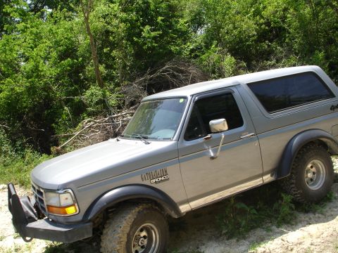 1989 Ford Bronco - This Ford Bronco is parked off-road, surrounded by dense foliage and trees.