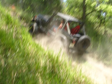 1989 Ford Bronco - An off-road vehicle navigates a dusty, grassy incline, with trees in the background.