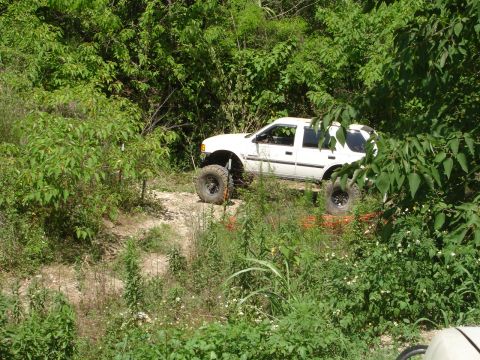 1989 Ford Bronco - Modified white SUV navigates a wooded trail with significant suspension lift.