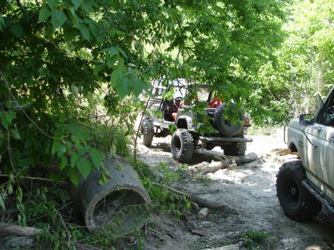 1989 Ford Bronco - Off-road vehicles navigate a wooded trail with a large concrete pipe in the foreground.