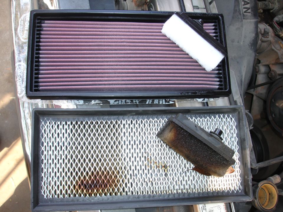 K&N air filter next to old, dirty air filter