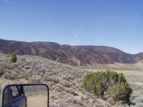 1967 Ford Bronco - The view from a vehicle's side mirror shows a dusty road winding through arid terrain with hills in the background.