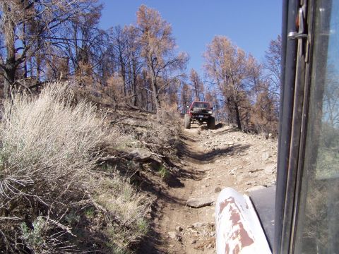 1967 Ford Bronco - Two off-road vehicles navigate a steep, rocky trail through a landscape dotted with burnt trees.