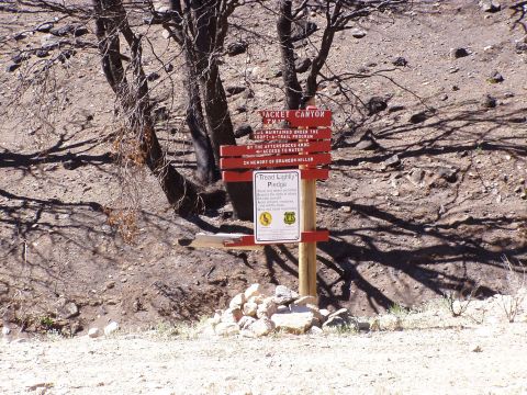 1967 Ford Bronco - A wooden trail sign stands in a desolate area with burnt trees and rocky ground, indicating a path through Jacket Canyon.