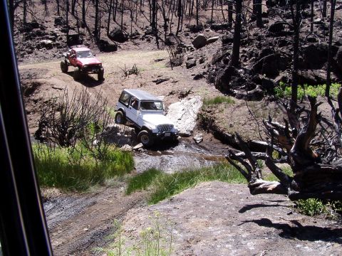 1967 Ford Bronco - Two off-road vehicles navigate a stream in a wooded area with evidence of a past fire.
