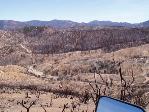 1967 Ford Bronco - A white SUV navigates a dirt road in a desolate landscape marked by the aftermath of a wildfire.