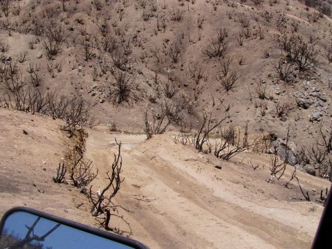 1967 Ford Bronco - A side mirror reflects a desolate scene of a dirt road winding through hills dotted with burnt vegetation.
