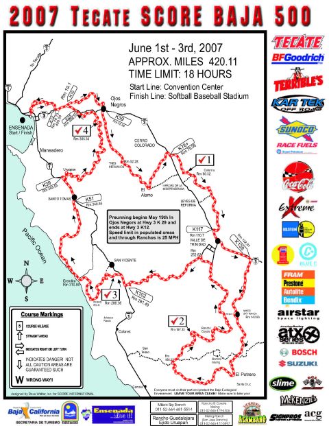 1992 Ford Explorer - Race course map for the 2007 Tecate SCORE Baja 500, showing the route through Baja California with mileage and sponsor logos.