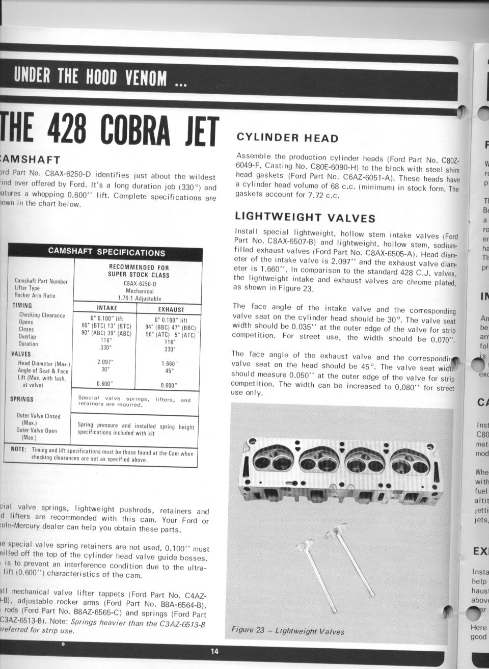 Page 14 of a 428 Cobra Jet performance manual with camshaft specs and cylinder head photo